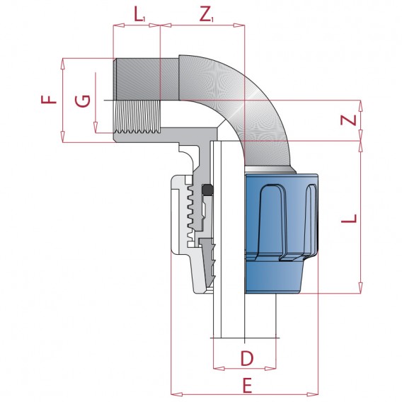 Dimensiones codo mixto 90° polietileno rosca hembra