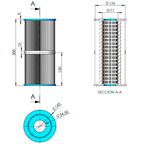 Dimensiones cartucho de recambio para filtro cilíndrico con bomba AstralPool