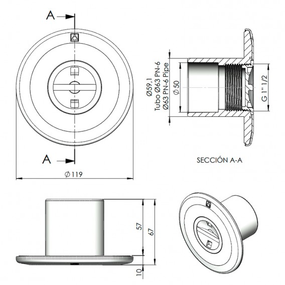 Dimensiones boquilla de aspiración AstralPool 00300