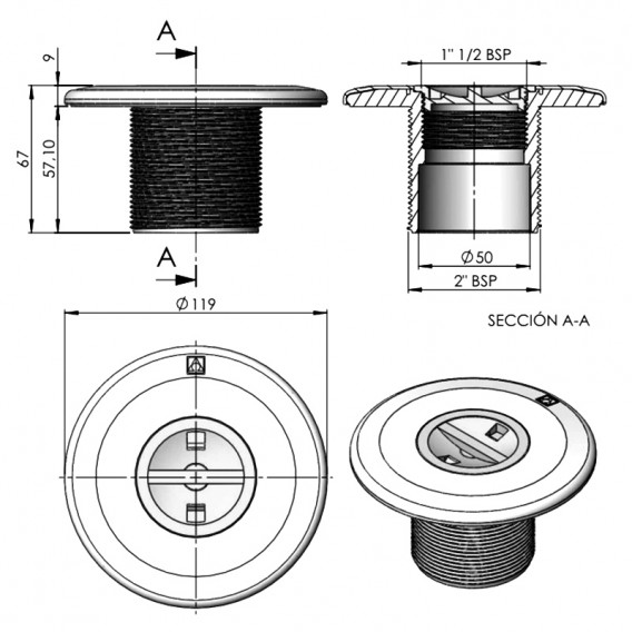 Dimensiones boquilla de aspiración AstralPool 00301