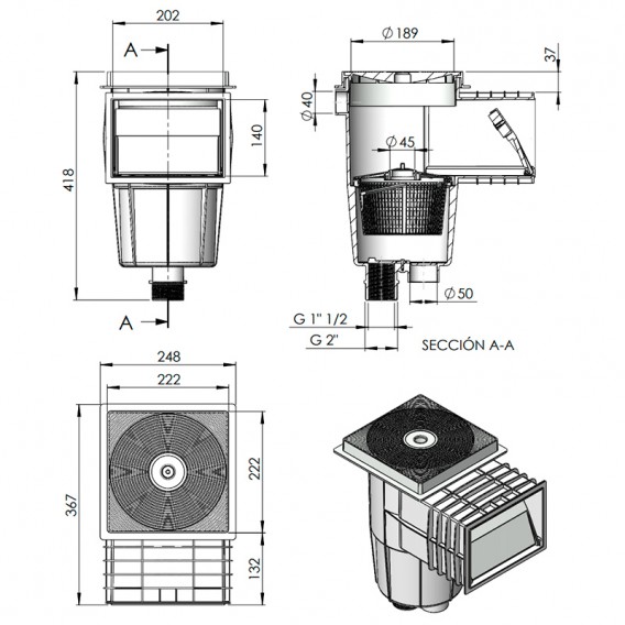 Dimensiones skimmer AstralPool 00250