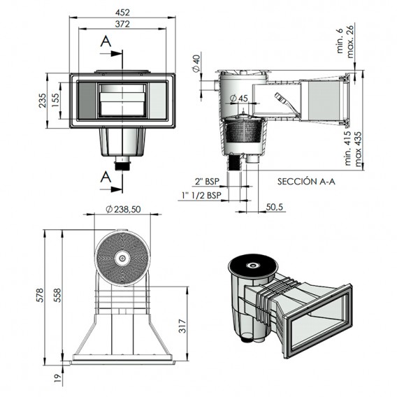 Dimensiones skimmer AstralPool 01463