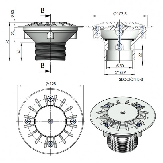 Dimensiones boquilla de fondo AstralPool 00303