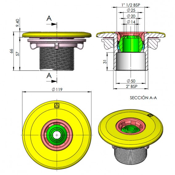 Dimensiones boquilla impulsión AstralPool 00334