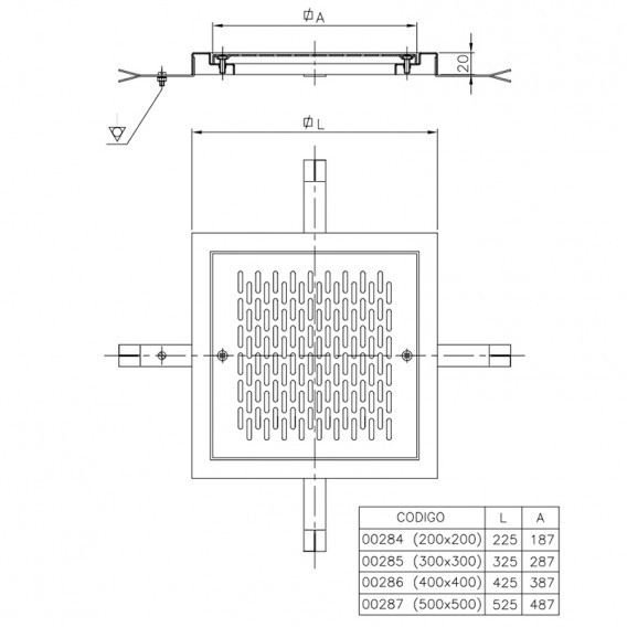 Dimensiones reja de desagüe en acero inox AstralPool