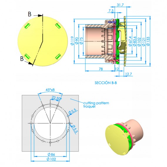 Dimensiones boquilla aspiración rebosadero liner AstralPool