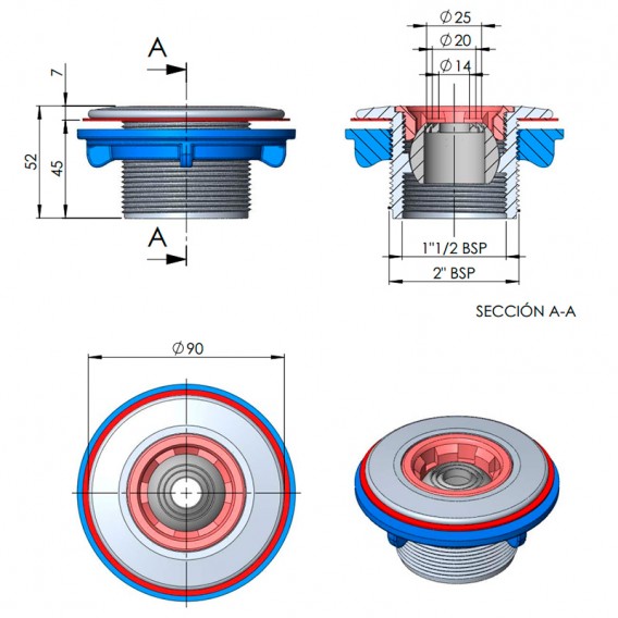 Dimensiones boquilla impulsión Multiflow piscinas prefabricadas AstralPool