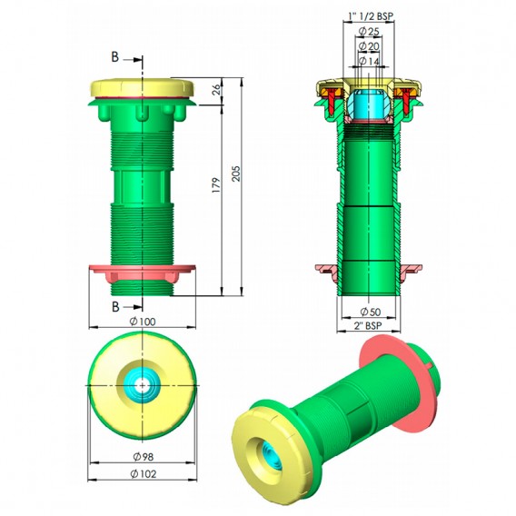 Dimensiones boquilla impulsión Multiflow piscinas de paneles AstralPool