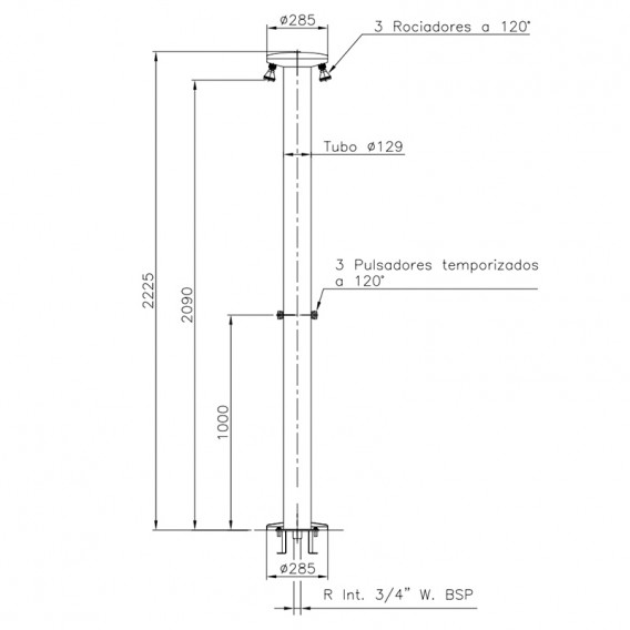 Dimensiones ducha piscina pública 3 rociadores y 3 pulsadores temporizados