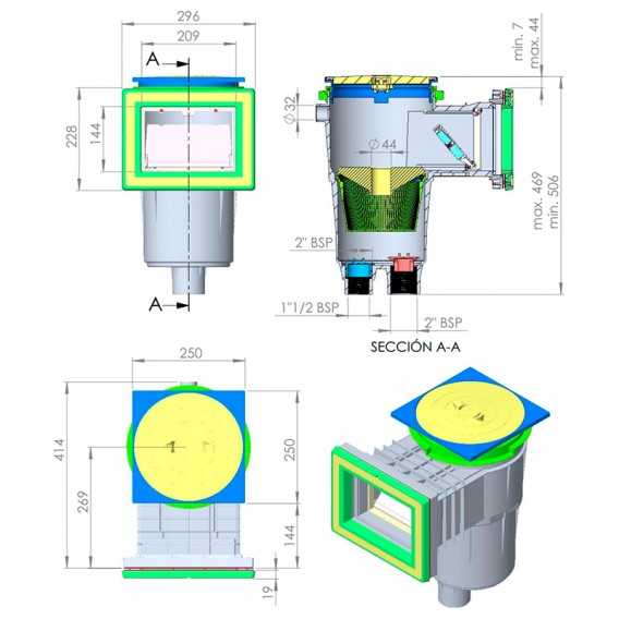 Dimensiones skimmer 17,5 l boca standard tapa cuadrada piscina liner y prefabricada AstralPool