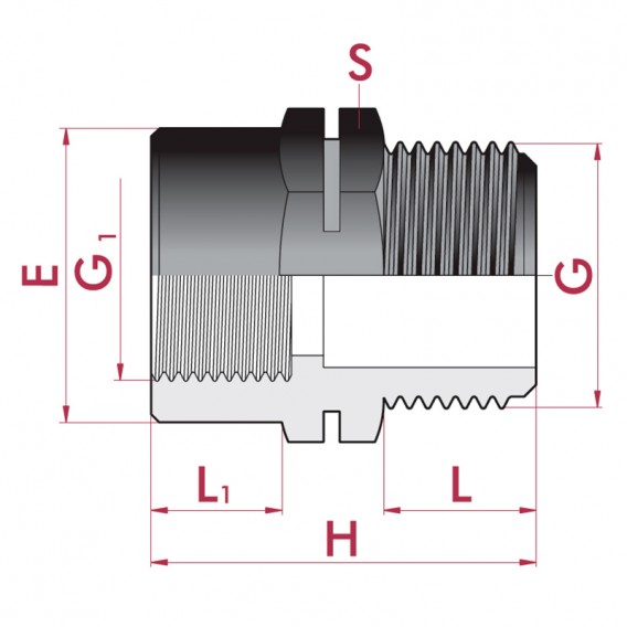 Dimensiones reducción roscada PP macho x hembra