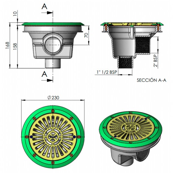 Dimensiones sumidero circular Ø 200 mm rejilla plana liner AstralPool