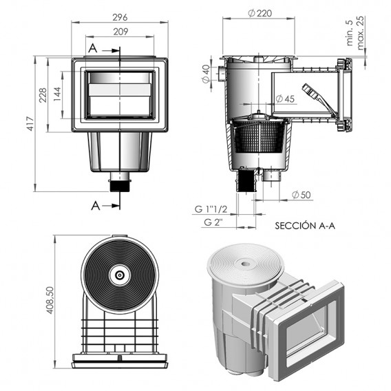 Dimensiones skimmer boca standard liner AstralPool 01461