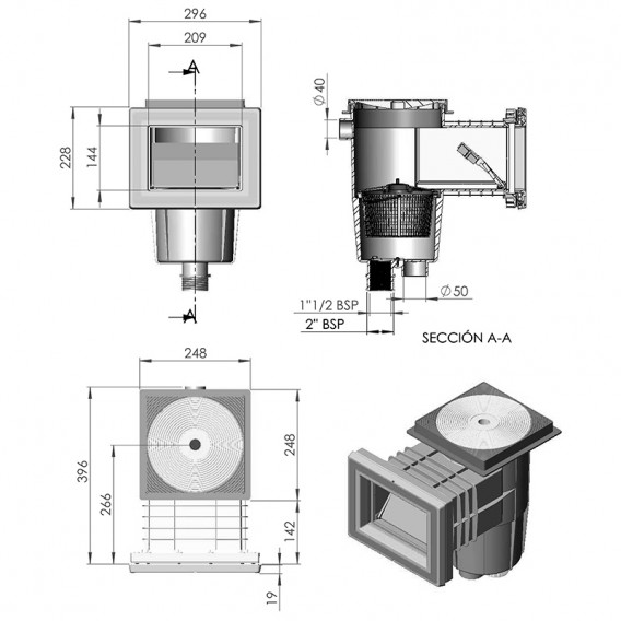 Dimensiones skimmer boca standard liner AstralPool 01462