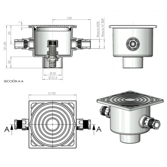 Dimensiones caja conexiones encolar Ø50 AstralPool