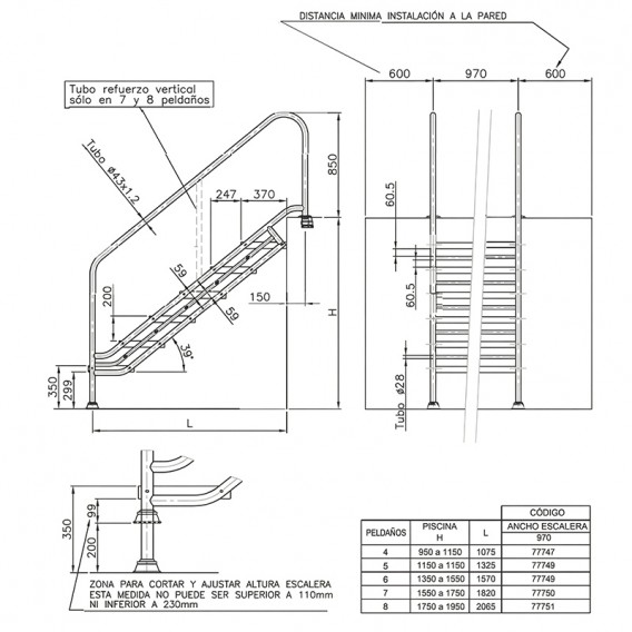 Dimensiones escalera piscina pública ancho 970 mm AstralPool