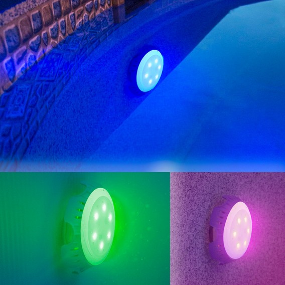 Foco proyector LED colores válvula retorno piscina Gre LEDRC