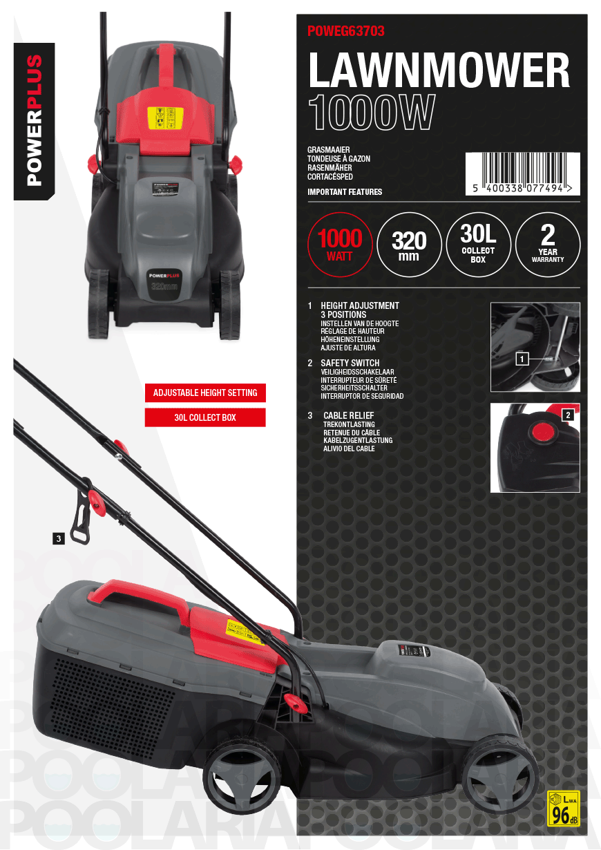 Prestaciones cortacésped eléctrico Powerplus POWEG63703