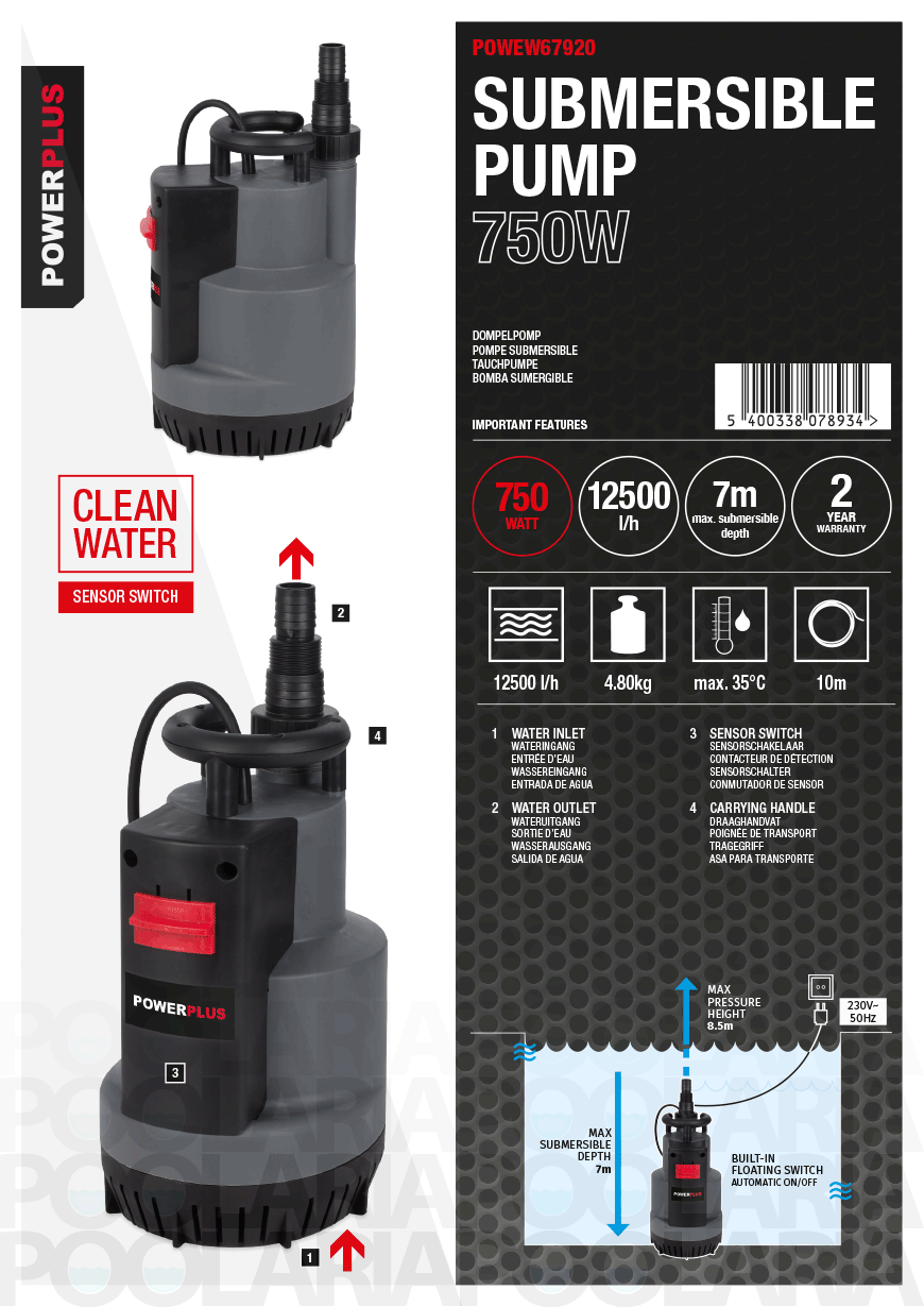 Prestaciones bomba sumergible Powerplus POWEW67920