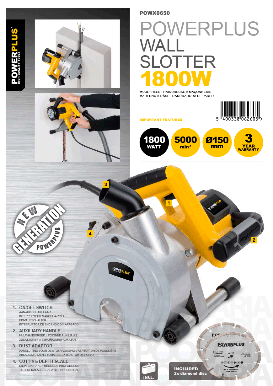 Prestaciones rozadora ranuradora Powerplus POWX0650