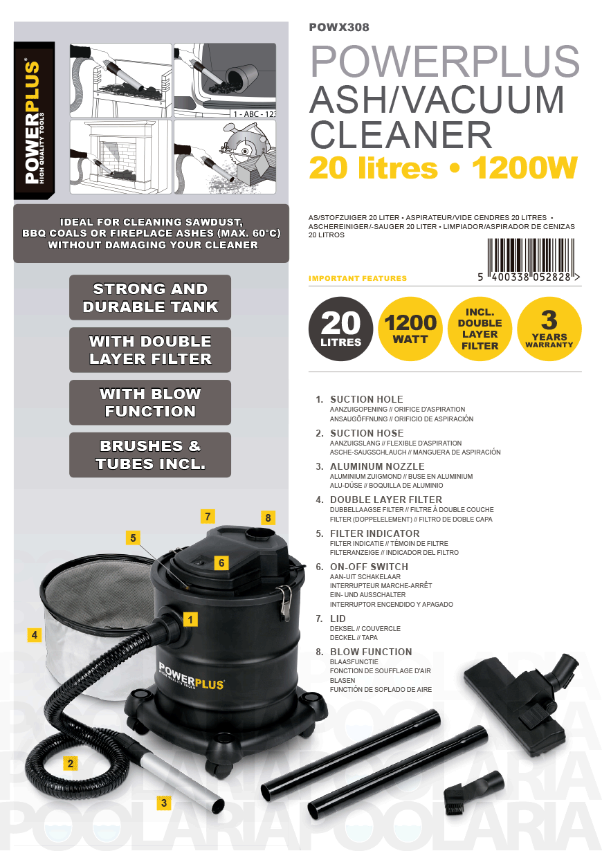 Prestaciones aspirador de cenizas Powerplus POWX308